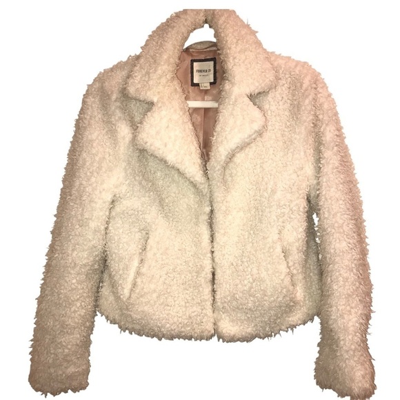 Forever 21 Cropped Faux Sherpa Fur Textured Jacket Cream Off White Woman’s Small - Picture 1 of 3